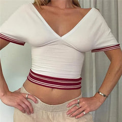White Striped Trim V-Neck Short Sleeve Fitted Waist Crop Top