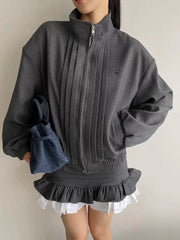 Pleated Zipper High Neck Jacket