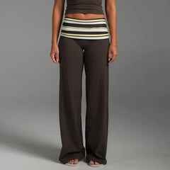Brown Striped Fold Over Waist Long Yoga Pants