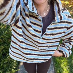 Half Zip Striped Stand Collar Fuzzy Sweatshirt