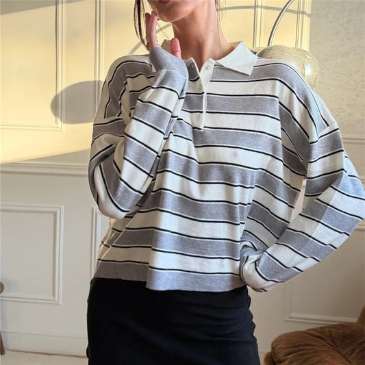 Grey Stripe Lapel Collar Long Sleeve Knit Top