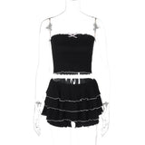  Black Bow Knot Lace Up Short Top Ruffled Cake Skirt Suit