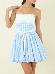 Blue Bow Plaid Short Dress