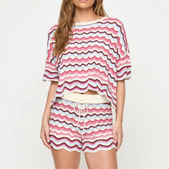 Wavy Stripe Knit Cropped Top and Drawstring Shorts Set