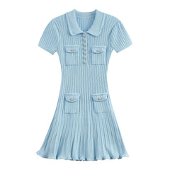 Polo Knitted Short Sleeve Single Breasted Flower Button Mini Dress