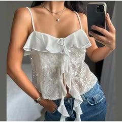 Sequin Mesh Ruffles Camisole Top