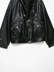 Black Faux Leather High Neck Zipper Biker Jacket