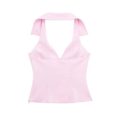 Solid Halter Collar Vest And Back Pocket Shorts Set