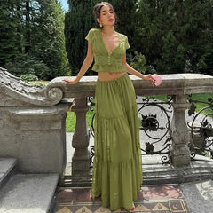 Short Sleeve Mesh Patchwork Crop Top And Maxi Skirt Matching Set