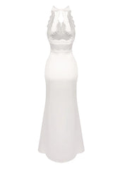 White Satin Lace Patchwork Halter Long Dress