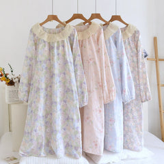 Long-Sleeved Cotton Printed Nightie Nightgown