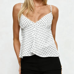 Polka Dot Lace Trim V Neck Babydoll Crop Top
