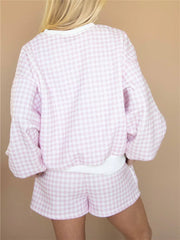 Gingham Crew Neck Long Sleeve Sweatshirt and Elastic Drawstring Shorts Set