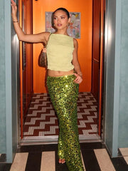 Green Sequin Straight Maxi Skirt