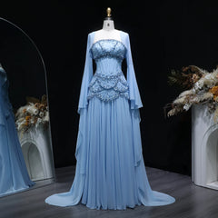 Cape Sleeve Chiffon Tiered Petals Sequined Pearl Embellished Gown