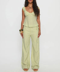 Green Striped Sleeveless Top And Wide Leg Pants Set