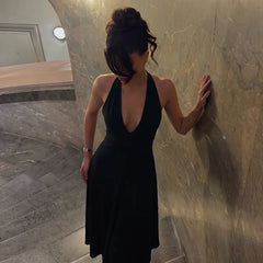 Halter Deep V-Neck Flared Midi Dress