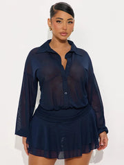 Button Up Collar Mesh See Through Long Sleeve Mini Dress