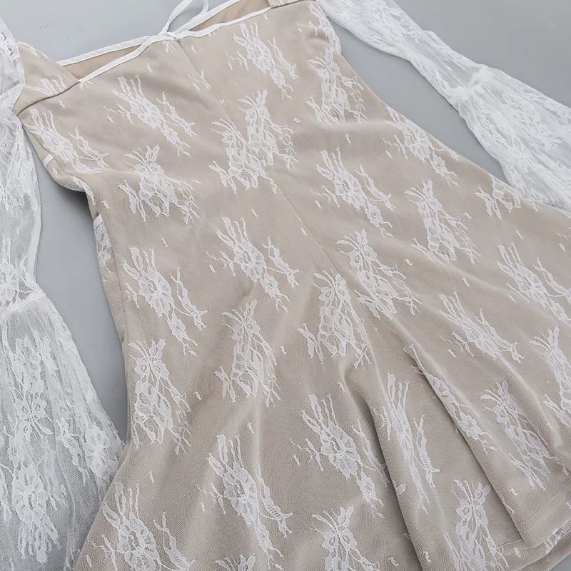 White Square Neck Lace Mesh Long Sleeve Mini Dress