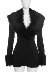 Black Faux Fur Collar Long Sleeve Mini Dress
