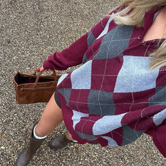 Argyle Button-up Knit Sweater