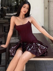 Burgundy Patchwork Tube Corset Sequins Puffy Hem Mini Dress