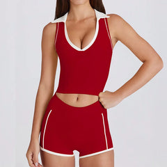 Red sports outfit with white trim front view