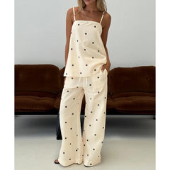 Polka Dot Split Back Cami Top with Drawstring High Waist Wide-Leg Pants Set