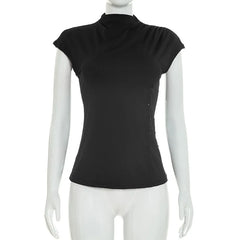 Solid Waist-Cinching Button Mock Neck Top