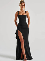 Square Neck Strap Thigh High Split Draped Long Dress