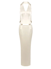 Satin Solid Halter Top And Maxi Skirt Set