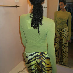 Green Front Twist Long Sleeve Sheer Top