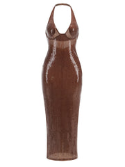 Brown Sequin Halter Maxi Dress