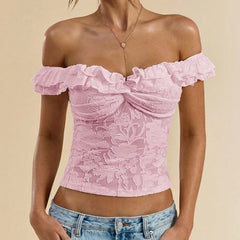 Ruffle Trim Off-Shoulder Sheer Blouse