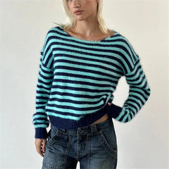 Striped Fuzzy Knit Off Shoulder Boat Neck Sweater