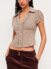 Brown Plaid Puff Sleeve Shirt