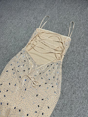 Spaghetti Strap Laced Up Rhinestone Detail Maxi Dress
