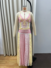 Pink And Yellow Floral Patchwork Cami Crop Top And Maxi Skirt Set