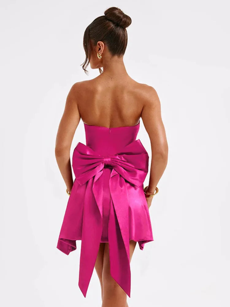 Strapless Bow Open Back Open-shoulder Solid Mini Dress