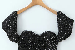 Black Dot Print Puff Sleeve Mini Dress