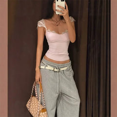 Pink Lace Sleeve Crop Top