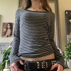 Striped Contrast Round Neck Long Sleeve T-Shirt