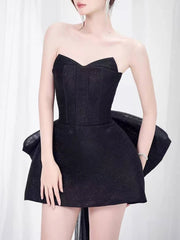 Black Strapless Large Back Bow Mesh Mini Dress