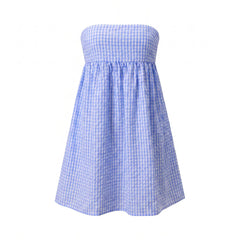 Gingham Strapless Babydoll Back Tie Mini Dress