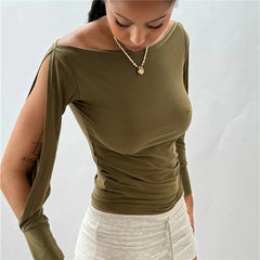 Off-Shoulder Slit Long Sleeve Top