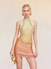 Tassel Bandage O-Neck Gradient Mini Dress