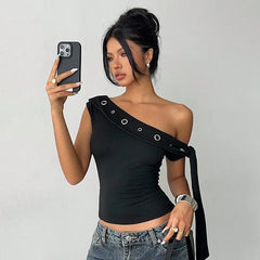 Asymmetrical Ribbon Metal Eyelet One-Shoulder Top