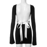 Black Long Sleeve Backless Tie Up Mini Dress