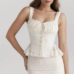 Apricot Spliced Lace Bow Ruched Embroidery Corset Top