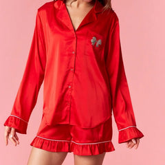 Heart Bow Satin Long Sleeve Button Down Shirt and Ruffle Shorts Pajama Set
